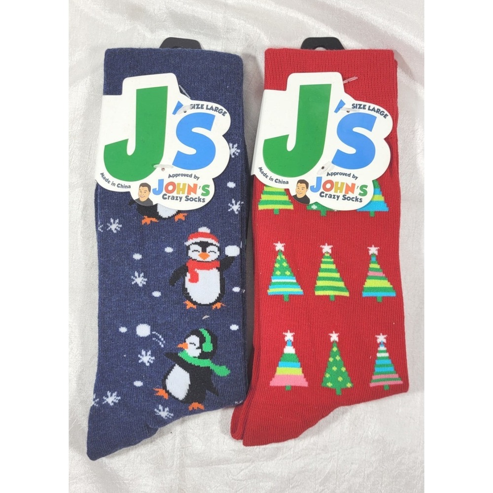 2 Pairs Johns Crazy Socks Unisex - Red Christmas Trees & Blue Winter Penquin - L
